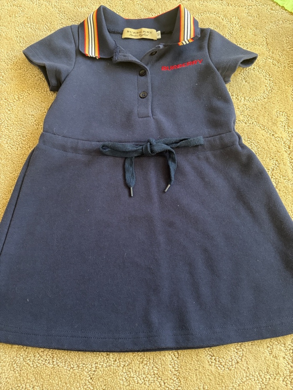 Burberry Navy Polo Dress with Multicolor Stripe Collar